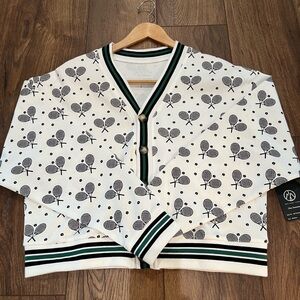 Tennis Racket Print Cardigan Women’s White Preppy Oversized Med Wimbledon Colors